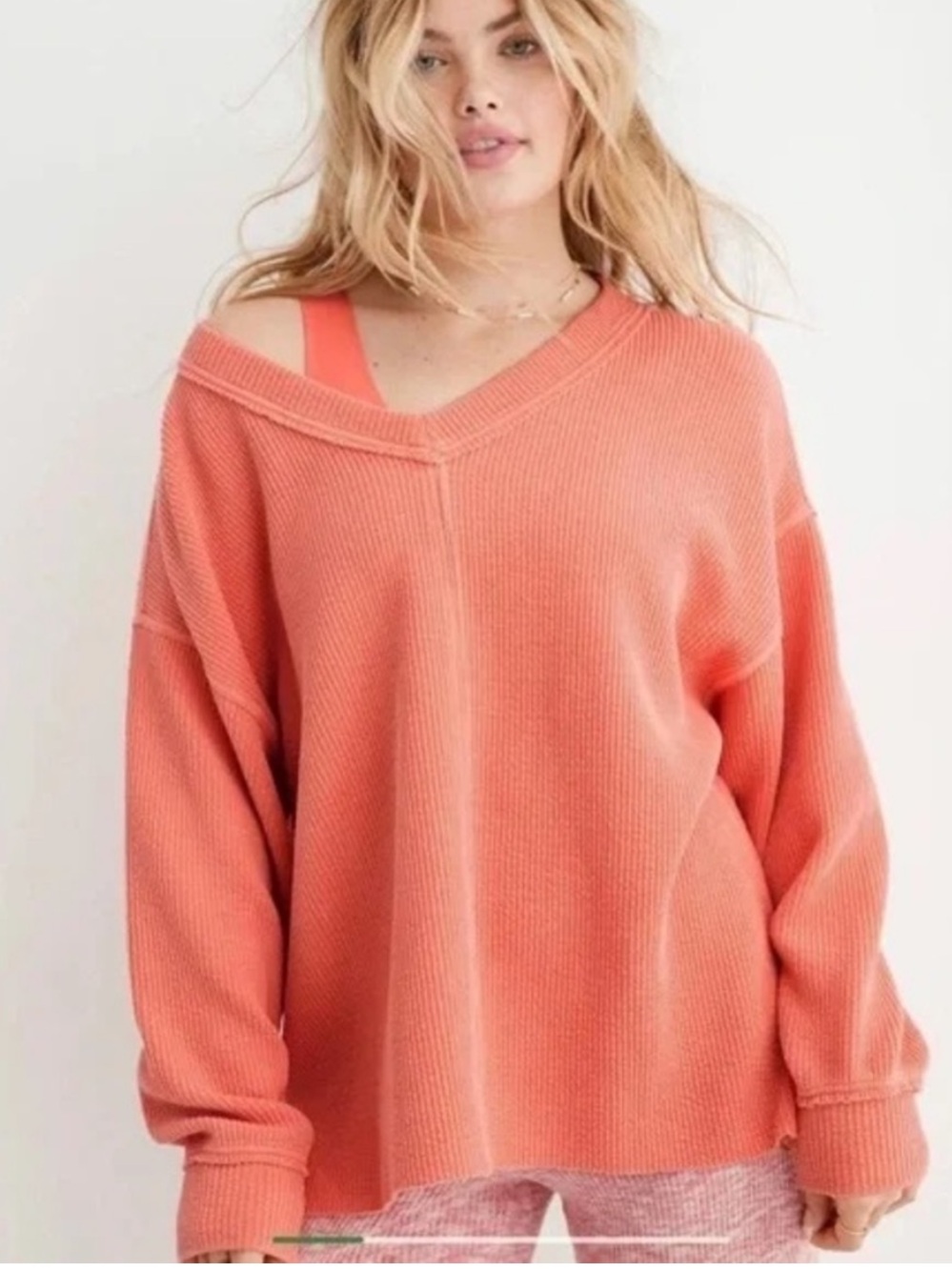 Aerie Pullover V-Neck Ribbed Sweatshirt Cotton Blend Coral Pink Cozy